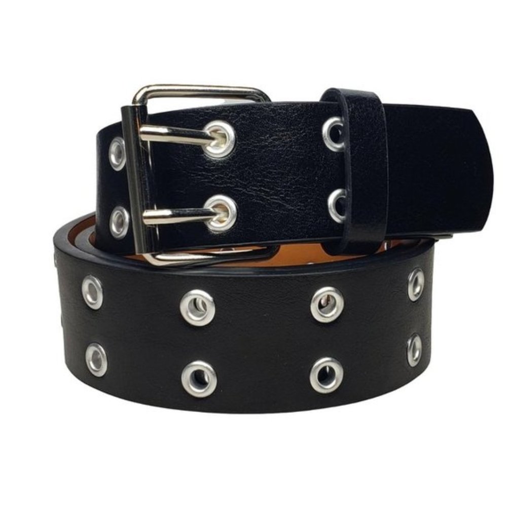 Men's Black Two hole Metal Grommet Genuine Leather Casual Belts LARGE 2 BELTS - Picture 2 of 4